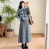 Roupa de maternidade estilo japonês vestido cinza de manga comprida com lapela feminino inverno novo padrão de diamante colete colete sobreposição terno de saia longa