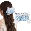 Pinza de Plátano de Encaje Azul Claro con Lazo para Niñas, Dulce Pinza Vertical Plisada Floral, Accesorio para el Cabello de Princesa para la Parte Posterior de la Cabeza
