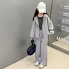 Conjunto Estilo Coreano para Meninas Primavera e Outono Nova Moda Personalidade Simples Cor Sólida Jaqueta com Capuz Calça Longa Casual Conjunto de Duas Peças