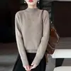 Camada base de malha de lã pura com gola alta e fio duplo espesso para mulheres, blusa de gola alta lisa com mangas raglan longas, moderna