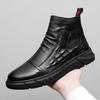 Sapatos masculinos de couro de cano alto, sapatos quentes de inverno com forro de fleece, zíper lateral, um pedal, sapatos de algodão do nordeste, sapatos masculinos de sola macia preta