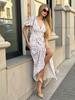 Vestido Floral Cruzado con Cuello en V Europeo y Americano 2025 Nuevo Verano Estampado Cintura Falda Larga Vestido de Manga Abullonada para Mujer