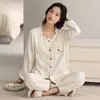 Pijama de Algodón para Mujer con Sujetador Incorporado, Estilo Cárdigan, Manga Larga, Pantalón Largo, Conjunto de Dos Piezas, Otoño/Invierno 2026, Casual Sencillo, Ropa de Casa para Mujer