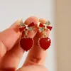 Pendientes de botón con forma de lazo de diamante y esmalte rojo drop francés, pendientes de corazón de melocotón dulce rojo vino retro de lujo ligero pendientes pendientes