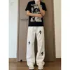 Calça jeans branca da moda de luxo leve estilo americano com bordado cruzado para homens e mulheres, calça longa de corte reto slim fit levemente alargada da alta rua
