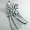 Casaco de Lã Feminino Outono Inverno Para o Trabalho Cintura Marcada com Cinto Estilo Longo Gola de Blazer Tecido Lã Pura