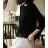 Nuevo Estilo Primavera Temprana 2026 Suéter de Punto de Lana Pura con Cuello Redondo y Mangas Largas para Mujer con Ribete de Encaje con Diseño Top Negro de Moda