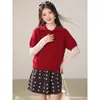 Suéter de gola polo com senso de design, manga curta vermelha, base térmica para outono e inverno, conjunto de duas peças com estampa floral