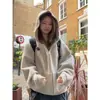 Sudadera con Capucha de Estilo Popular Americano Estilo Perezoso Rayas Contrastantes para Mujer Otoño e Invierno 2025 Cardigan Holgado Forrado de Felpa Chaqueta de Moda