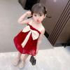 Vestido de Verano para Niñas vestido Bebé Estilo Extranjero Infantil Personalizado Marca de Moda Estilo Coreano Celebridad de Internet Lazo Tirantes Falda de Princesa
