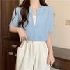Foto real 2024 verano nuevo moda coreana cuello en V waffle falso dos piezas manga corta top camiseta con sentido del diseño para mujer