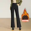 Calças da moda com forro de fleece e cintura elástica microflare para mulheres, novidade outono e inverno 2026, calças flared de cintura alta, calças casuais estilo rabo de peixe