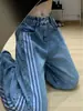 Jeans feminino estilo retro americano, modelagem relaxada, barra curva, lavagem, patchwork listrado, perna larga, solto, para primavera/outono 2026