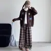 Conjunto de Cardigan Suéter Outwear Infantil Estampado Desenho 2026 Novo Top de Tricô Bordado e Calça Xadrez para Crianças Primavera e Outono