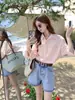Camisa Rosa de Rayas Verticales 2025 para Mujer, Holgada y Versátil, Cómoda Camiseta de Manga Larga con Protección Solar para Primavera y Verano