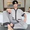 2025 Nuevo Conjunto de Dos Piezas de Algodón para Hombre, Manga Corta, Pantalón Largo, Cárdigan, Talla Grande, Ropa de Casa