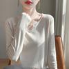 Primavera y Verano 2025 Nueva Ropa de Punto de Algodón con Cuello en V de Manga Larga para Mujer, Suéter Holgado de Color Puro Elegante para Usar Debajo