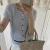 Diseño de Estilo Coreano de Verano, Nuevo Cárdigan de Punto Versátil Simple de Cuello Redondo Canalé Adelgazante de Manga Corta para Mujer, Algodón Blanco