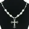 Collar Colgante de Cruz Hueca Incrustada de Diamantes Estilo Ins Europeo y Americano Tendencia Personalidad Femenina Accesorios de Collar Neutros con Perlas