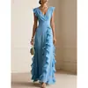 Comercio Exterior Transfronterizo Sitio Independiente de Ropa para Mujer Amazon Color Sólido Plisado Manga Corta Cuello en V Volante Vestido Largo Vestido de Gala