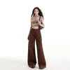 Jeans de Pierna Ancha Color Rojo Angola Retro Americano para Mujer Cintura Alta Adelgazantes Moda Caída Casual Versátiles Pantalones de Longitud Completa