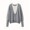 Suéter de Cashmere Feminino Gola Redonda Outono e Inverno Nova Moda Versátil Falso Duas Peças Manga Longa Pulôver Tricô Lã Base