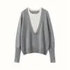 Suéter de Cashmere Feminino Falso Duas Peças Combinando Cores Outono/Inverno 2025 Novo Suéter Base de Cashmere Suéter de Malha Casual