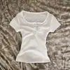 2026 Verano Estilo Europeo y Americano Transfronterizo Falso Dos Piezas Encaje Puro Adorno Color de Contraste Ajustado Botón Manga Corta Camiseta Top para Mujer