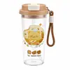 Taza de café, taza de agua para niños, taza de agua de estilo ins de moda con estampado de dibujos animados y tapa abatible, vaso transparente con pajita, vaso de agua de plástico