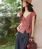 Camisa Roja a Cuadros con Encaje, Manga Corta, Cuello en V, Adelgazante, Estilo Romántico Francés de Verano para Figuras Pequeñas