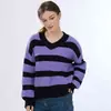Diseño Original Otoño e Invierno Nuevo Estilo Cuello en V Rayas Holgado Engrosado de Moda Versátil Suéter Grueso para Mujer Corte Holgado