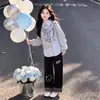 Conjunto de Duas Peças Elegante e Chique para Meninas Estilo Coreano Moda Personalidade Listrado Color Block Gola Lapela Top Gatinho Fofo Calça Wide Leg