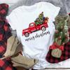 Camiseta Caminhão de Natal Comércio Exterior Feminina Feliz Caminhão de Natal Estampada Camisetas de Manga Curta Masculinas e Femininas