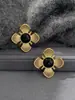 Nuevos Pendientes de Botón Exagerados de Flor Hueca Oro Negro y Plata, de Uso Rudo, con Ágata Negra, Aguja S925 de Plata Vintage