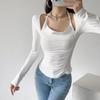 Nova Blusa Feminina Tendência Estilo Puro Manga Longa Gola Asa Design Elegante de Plissado para Emagrecer Ajuste Slim de Primavera