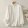Camisa vintage de ramio para mujer, camisa de lino estilo Zen de otoño, nuevo estilo chino con cuello alto, tapeta diagonal con cierre de botón, top de color liso para atuendo de té