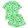 Conjunto Sencillo de Pijama Cardigan Verde de Seda de Leche Transfronterizo para Mujer, Manga Corta, Pantalones Cortos, Ropa de Casa Casual Transpirable