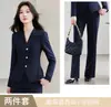 Venta al por mayor transfronteriza de conjunto de dos piezas para mujer: chaqueta de traje de negocios de manga larga con cuello en V marrón y pantalones de pierna ancha, nuevo para otoño e invierno
