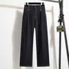 Foto Real de Pantalones de Punto Denim de Pierna Ancha Estrecha de Alta Calidad para Mujer, Estilo Otoño, Cintura Elástica, Pantalones de Pierna Recta, Pantalones Elásticos de Talla Grande para Mujeres Curvilíneas
