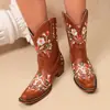 Botas vaqueras occidentales bordadas florales vintage de talla grande para comercio exterior transfronterizo, botas de montar con tacón grueso, botas bohemias de media pantorrilla para mujer