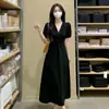 Vestido de cuello en V para mujer, nuevo estilo coreano de verano, vestido elegante y con clase, talla grande, que disimula la barriga, vestido largo de línea A adelgazante