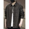 Camisa Jaqueta Jacquard Listrada Retro Americana de Alta Qualidade para Homens, Outono, Caimento Solto, Gola Dobrável, Casual, Roupa de Trabalho, Tendência