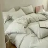 Juego de cuatro piezas estilo japonés de algodón puro, algodón lavado, sábanas a rayas y funda de edredón, ropa de cama sencilla de lino para casa de huéspedes, sábana bajera