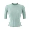 Top de Punto Acanalado de Manga Media con Cuello Redondo Pequeño, Nueva Moda de Verano Versátil Elástico Ajustado Corto Camisa Base Lisa de Color Sólido