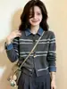 Suéter Tricô Listrado Patchwork Jeans Estilo Coreano Feminino 2026 Outono/Inverno Estiloso Versátil Camada Base A14591