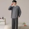 Pijama de Algodón Puro Cuello Redondo para Hombre Primavera Otoño Invierno Nuevo Alta Calidad Manga Larga Pantalón Largo Tallas Grandes Casual Ropa de Casa Conjunto Exterior