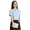 Blusa Top Camisa de Verão com Manga Curta, Novo Design, Alto Padrão, Decote V Maduro, Estilo Francês Profissional para o Trabalho, Camisa Branca para Mulheres