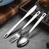 Set de Cubiertos de Acero Inoxidable, Tenedor y Cuchara de Tres Piezas con Gancho de Agujero Único Hueco para Guardar, Bolsa de Tela Portátil para Viajes al Aire Libre, Vajilla Occidental