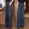Jeans Retro Azul Escuro de Perna Larga para Mulheres Verão 2025 Novo Cintura Alta Solto Drapeado Barra Desfiada Calça Reta
