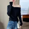 Suéter de Punto para Mujer 2026 Otoño/Invierno Nuevo Lana Fina Hombros Descubiertos Manga Larga Color Sólido Camisa Base Top de Moda